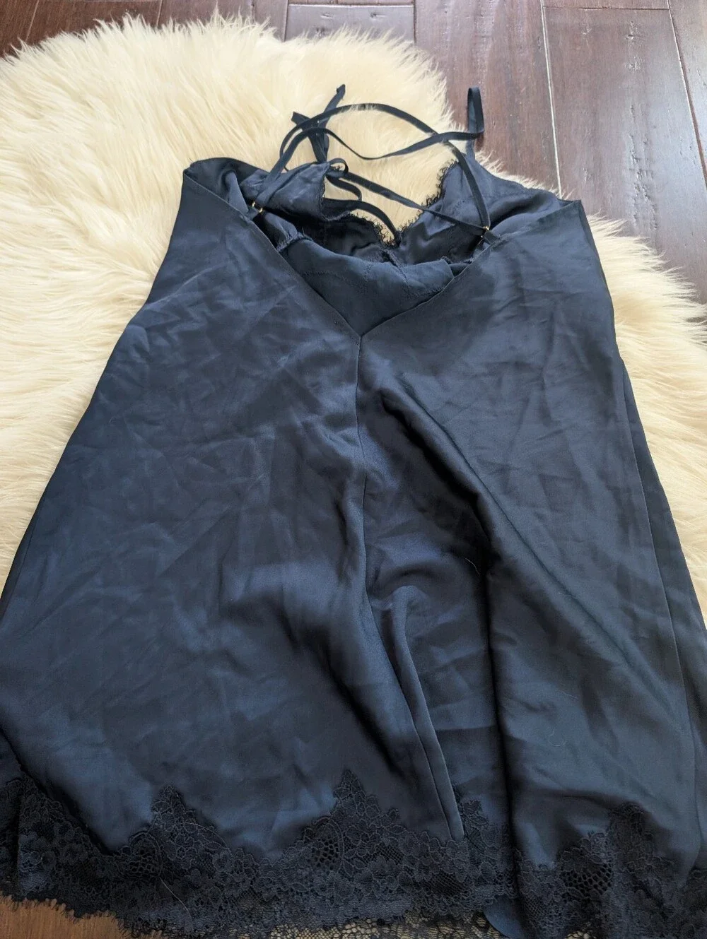 Abercrombie & Fitch Women's Lace Satin Nightie Slip Dress Chemise Nightgown Navy